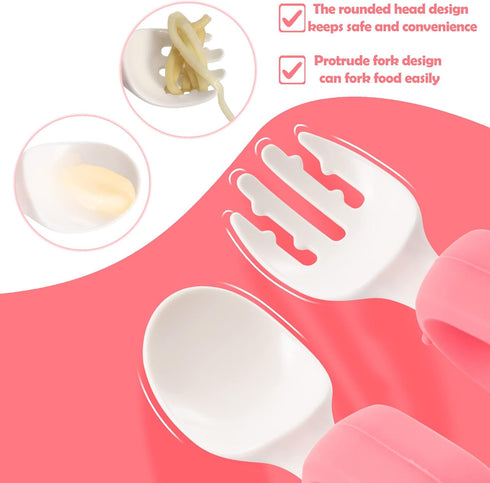 Baby Self Feeding Training Spoon and Fork Set with Travel Case, BPA-Free Toddler Utensils, Silicone/ABS (Pink)