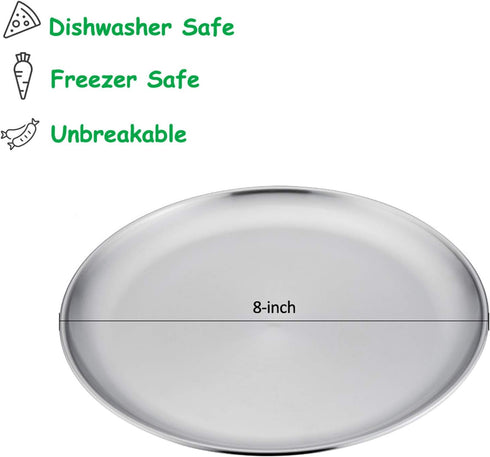 E-far Stainless Steel Plates Set of 4 - 8-inch Metal Dinner Plates for Kids, Shatterproof & Dishwasher Safe