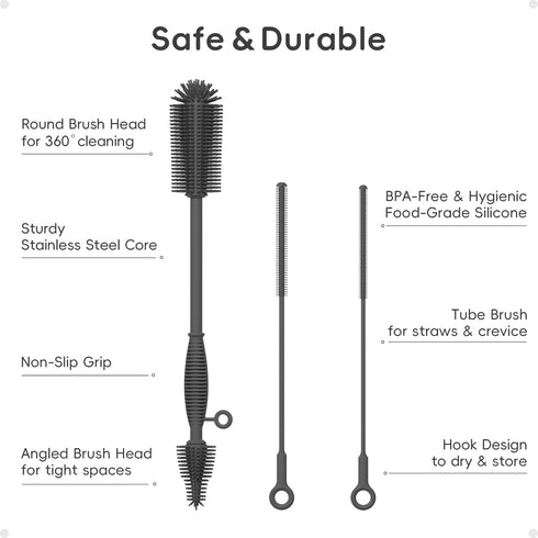 Set Free,3 Silicone Cleaning Brush Kit,Water Bottle and Straw Cleaner Brush for Tumbler,Baby Bottle,Breast Pump