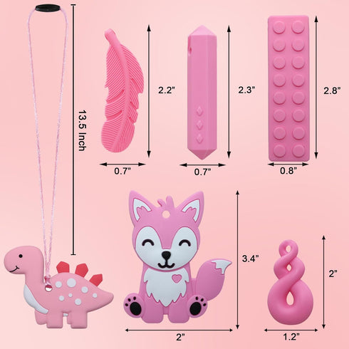 Chew Necklaces for Sensory Kids, 6 Pack Fox and Dinosaur Silicone Chewy Necklace for Autism, ADHD, Fidgeting