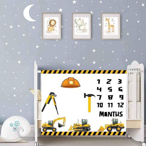 Construction Vehicle Baby Monthly Milestone Blanket, 48x40in Soft Flannel Hard Hat Tool Hammer Blanket for Newborn Gift