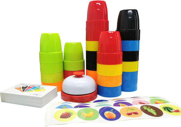 Quick Cups Games for Kids - Speed Cup Game Set with 54 Cards, 24 Cups, and 1 Bell for Family Fun