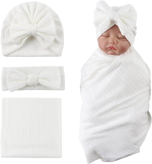 OMUKY Newborn Receiving Blanket Bow Headband and Beanie Set Baby Swaddle Receiving