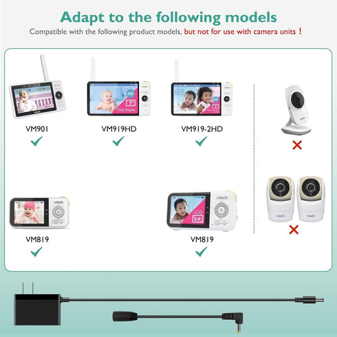 Power Cord for VTech Baby Monitor VM901, VM919HD, VM819, Replacement 5V Charger Adapter Cable for Parent Unit