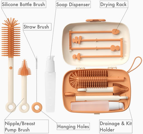 Travel Bottle Cleaner Kit, 7 in 1 Baby Travel Essential Silicone Brush Set, Nipple, Drying Rack, Straw, Organizer Case