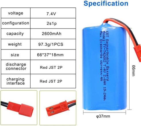 KBT 7.4V 2600mAh Li-ion Rechargeable Battery Pack, Red JST-2P Plug for Electronics, Toys, and RC Vehicles