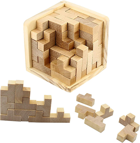 AHYUAN Wooden Brain Teaser Puzzle Cube - T-shaped Jigsaw Logic Puzzle Educational Toy for Kids and Adults (Natural)