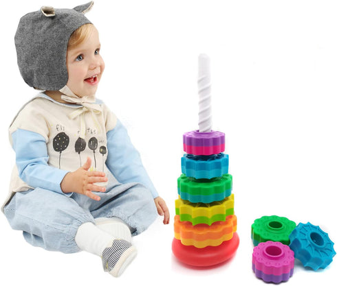 Premium Baby Spin Stack Toy, Educational Stacking Toy for Toddlers, Rainbow Spinning Wheel