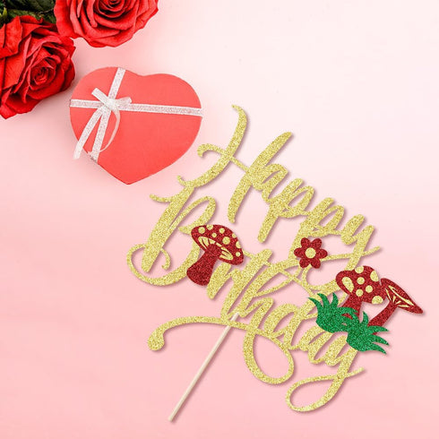 Mushroom Cake Topper- Glitter Mushroom Birthday Cake Toppers,Mushrooms and flowers in spring,Baby Shower Boy Girl