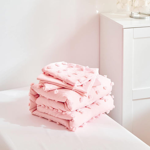 4 Set Pieces Tufted Dots Toddler Bedding Solid Pink Jacquard Pom Pom Tufts, Soft and Embroidery Shabby Chic Boho Design