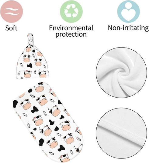Cute Cow Print Swaddle Blanket Hat Set for Boys Girls, Soft Newborn Sleeping Sack Receiving Blanket Shower Gift