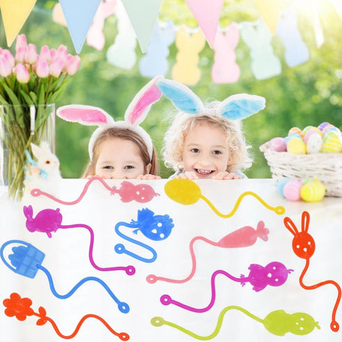 Howzcci 36 Pack Easter Sticky Hands Toys Easter Egg Bunny Chick Carrot Flower Basket Sticky Stretchy Toys for Kids