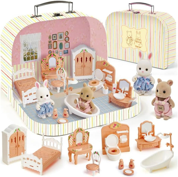 TUZT Suitcase Dollhouse Furniture Set for Kids, Mini Dollhouse Box with 2