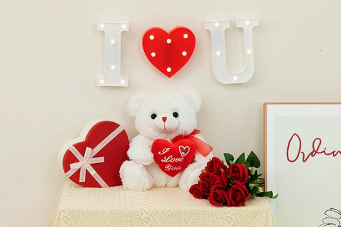 HollyHOME I Love You Teddy Bear - Soft Plush Toy with Heart, 12 inches White, Christmas Valentine's Day Gift