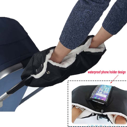Stroller Fleece Hand Muff Winter Anti-Freeze Stroller Gloves with Phone Holder for Pushchair Pram Stroller Jogger Buggy Baby Carriage