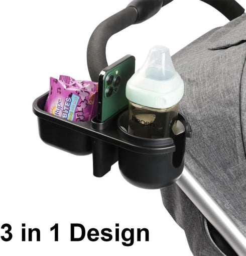 3 in 1 Universal Stroller Snack Tray with Cup Holder, Multifunctional Attachment for Bumper Bar (Black)