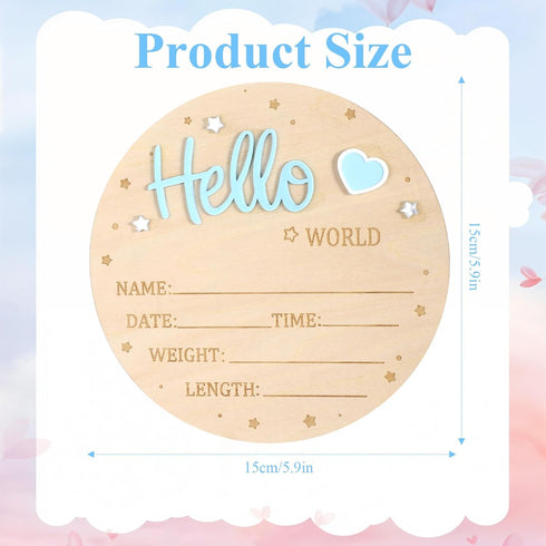 Tweruna 5.9 Inch 3D Wooden Welcome Baby Sign, Hello World Newborn Sign with Heart, Stars Decoration, Round Welcome Baby