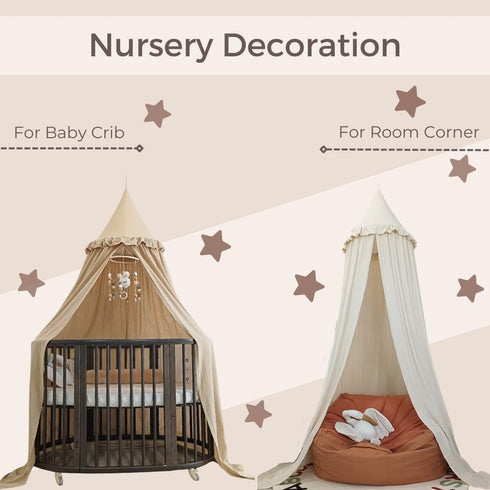 Wonder Space Kids Bed Canopy with Ruffles, Pastel Neutral Color for Boys & Girls, Frilled Cotton Tent Nursery Room Baby