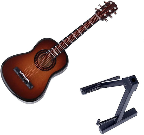 Dselvgvu Wooden Miniature Guitar with Stand, Brown Model for Dollhouse Decoration, 3.93"x1.42"x0.56"