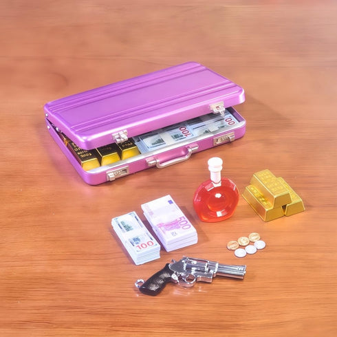 EKKZ 1:6 Set $100 Scale Miniature Briefcase - Includes Fake Gold Bars, Bundles of Mini Dollar Bills, Vintage Coins