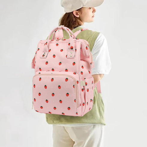 Yusudan Backpack Corduroy Diaper Bag for Baby Girls Boys, Women Large Nappy Bags for Mom (Pink Corduroy Strawberry)