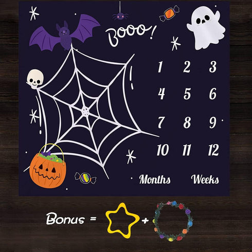 Halloween Theme Baby Monthly Milestone Blanket, 48x40in Soft Flannel, Ghost and Pumpkin Skull Background, Newborn Mom Gifts, Baby Shower Age Growth Tracker with Bonus Maker BTWYFS104 by F-FUN SOUL