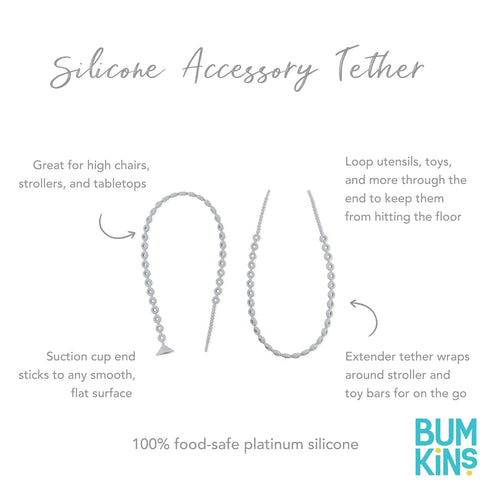 Bumkins Pacifier Clip Feeding Supplies for Baby Girl or Boy, Safe Platinum Silicone Tether Leash, Gray