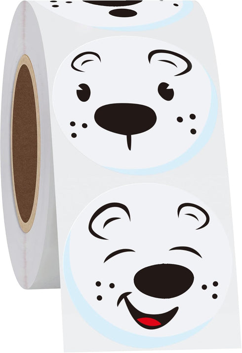 Hybsk Cute Polar Bear Face Stickers, 1.5" Round Cartoon White Bear Labels, 500pcs per Roll, Animal Stickers