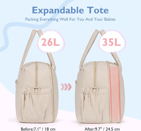 mommore 2 Diaper Bag Tote Large Expandable Baby Travel Tote for Kids Twins, Quilted Hospital Bag for Mom, Weekender