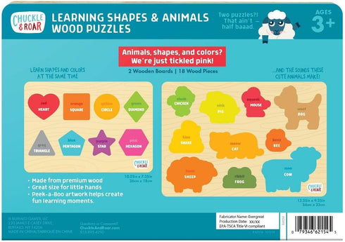 Chuckle & Roar 2 Pack - Shapes and Animals Wooden Puzzles for Kids, Develops Fine Motor Skills, 18 Pieces