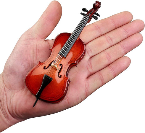 Dselvgvu Wooden Miniature Cello with Stand, Bow & Case - Mini Musical Instrument Dollhouse Model Decoration