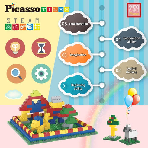 PicassoTiles 259pcs Magnetic Brick Tile Building Block Combo Set Compatible with Other Tiles Over 50+ Combination STEM Toy Educational Toys for Ages 3+ Toddler Boys and Girls Kids Activity Creativity
