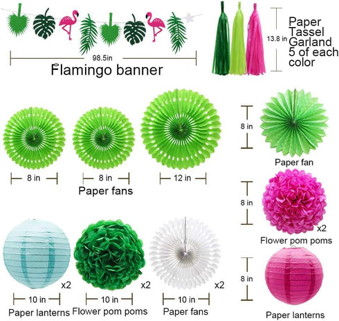 ADLKGG Tropical Flamingo Palm Leaf Banner, Party Decorations with Hanging Paper Fans, Lanterns, and Tissue Tassels