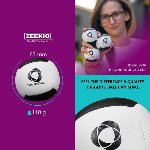 Zeekio - Taylor Tries Signature Beginner Juggling Ball Set - Durable 6 Panel Synthetic Leather Ball