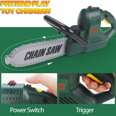 Set Kids Electric Chainsaw Toy Tool Pretend Play with Safety Goggles, Work Gloves | Rotating Chain and Realistic Sound