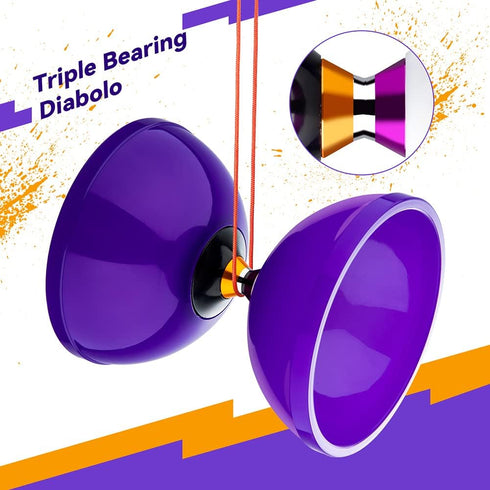 Pro Diabolo Yoyo Triple Bearing Chinese Yoyo, 5” Purple Diabolo Toy for Kids and Adults, Includes 2 Carbon Sticks & Bag
