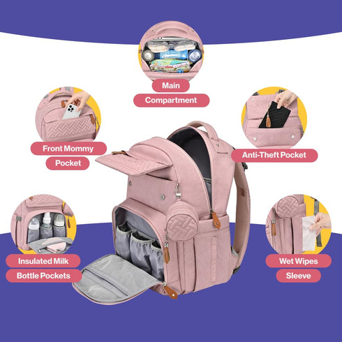 BabbleRoo Pink Diaper Bag Backpack, Travel Backpack with Changing Pad, Pacifier Case & Stroller Straps, Multifunction,