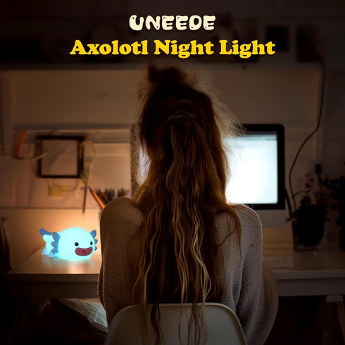 UNEEDE Blue Axolotl Night Light for Kids, Animal Silicone Nursery Lamp, Rechargeable Table Lamp for Bedroom Decor