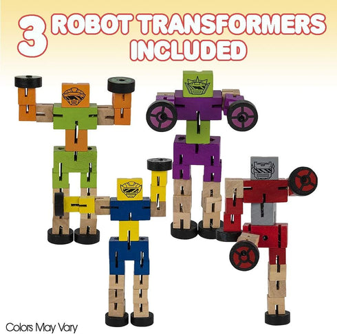 ArtCreativity 3 Pack Wooden Toy Robots, Colorful 5.75 Inch Transforming Action Figures for Kids' STEM Play