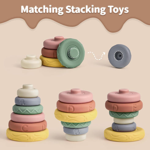 Mini Tudou 6 Pcs Stacking & Nesting Circle Toy,Soft Building Rings Stacker & Teethers,Squeeze Play with Early Educational Learning Stacking Tower, Best Gift for 6+ Months Boys&Girls
