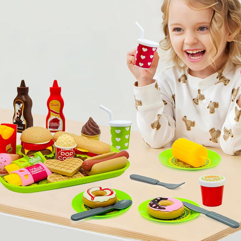 Taken All 26PCS Set 3 4 5+ Pretend Play Kitchen Food - Dessert Toys with Hamburger, Hot Dog, Fries, Drink & Tray