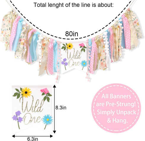 LINLULU 1st Wild flower High Chair Banner - Girls WildOne Birthday Decoration, Floral Theme Highchair Banner, Our