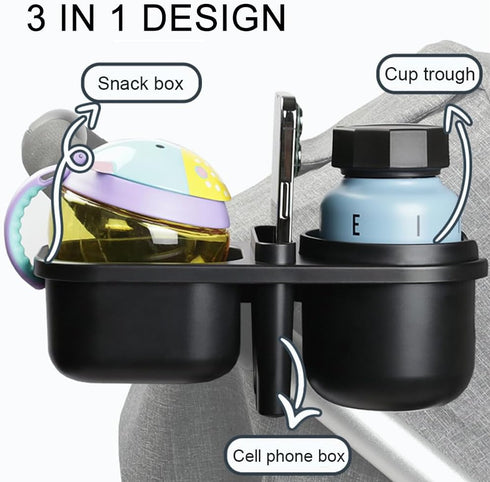 3 in 1 Universal Stroller Snack Tray with Cup Holder, Multifunctional Attachment for Bumper Bar (Black)