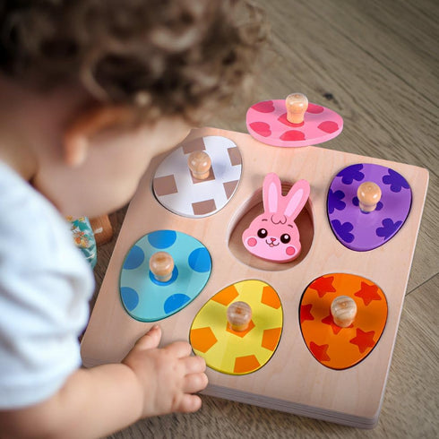 Waybla 1-3 Easter Basket Stuffers - Easter-Themed Wooden Peg Puzzle for Toddlers Years, Montessori Educational Toy