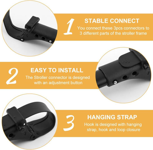 3pcs Stroller Connector with 2pcs Hook, Adjustable Length for Toddlers, Black