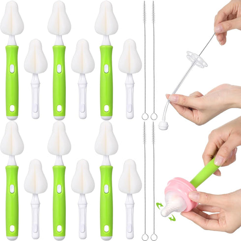 22 Pcs Sponge Bottle Nipple Brushes Set, Includes 12 Pcs Bottle Sponge Brush Heads and 6 Interchangeable Nipple Brushes