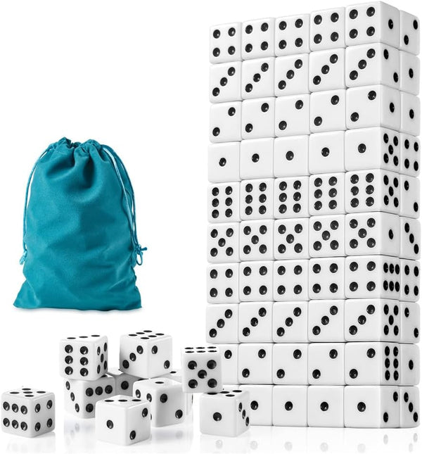 SLSESIN 100 Pieces Dice Set, 16MM Standard Game White Dices, Opaque Six Sided