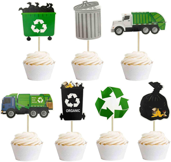 Garbage Truck Birthday Party Supplies, Cupcake Toppers for Trash Waste Management Recycling Party