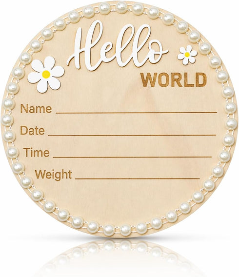 Wonhibo Pearl-Trimmed Newborn Announcement Sign - Baby Hospital Photo Prop Wooden Name