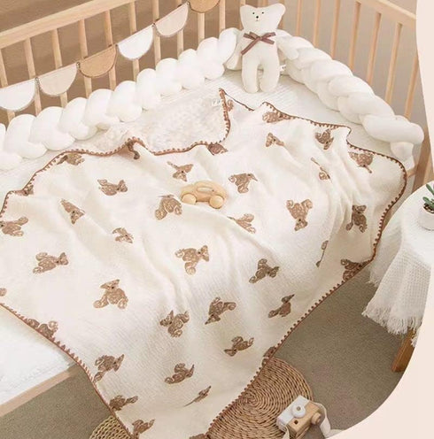 Baby Blanket Double Layer Cotton Muslin Thick Quilt, Neutral 40x40Inch Soft Throw Blanket Bear Pattern
